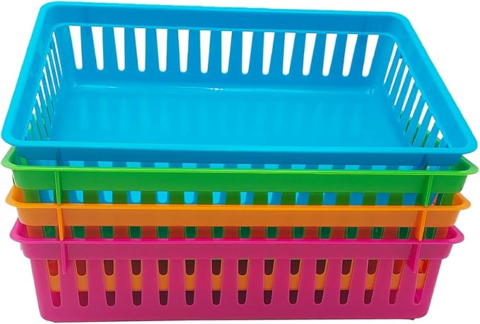 KWAGOCAR 8 Pack Classroom Storage Baskets Bins Colorful Plastic Organizer Basket Small Pencil Holder Tray Mesh Bins for Paper Desk Shelf Home School Office Arts Crafts Toy File Organization