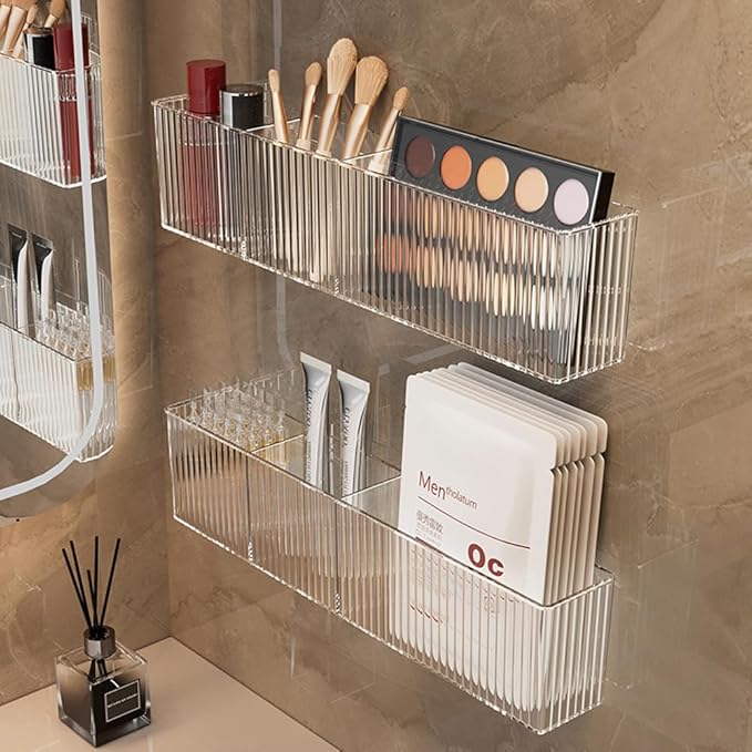 2Pack Floating Bathroom Shelves,Wall Mount Organizer,Long Narrow Clear Cabinet Door Organizer, Acrylic Shelves for Wall,No Drilling, Come With Self Adhesive Tape, for Kitchen, Office Desk