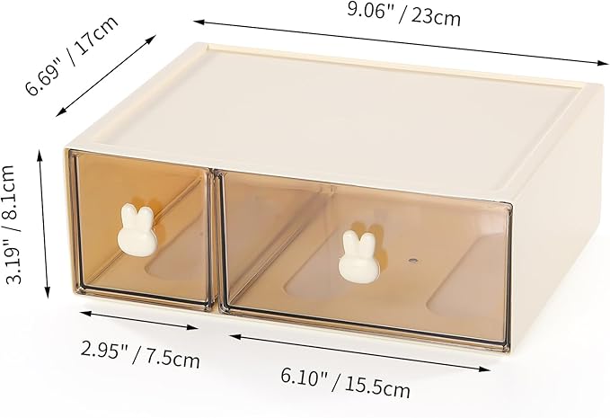 Desktop Storage Drawers, Plastic Desk Organizer with 2 Drawers, Modular Stackable Toolbox Units for Office Stationary, Makeup Container, Bathroom Countertop (1 Tall Layer, Cream & Clear)