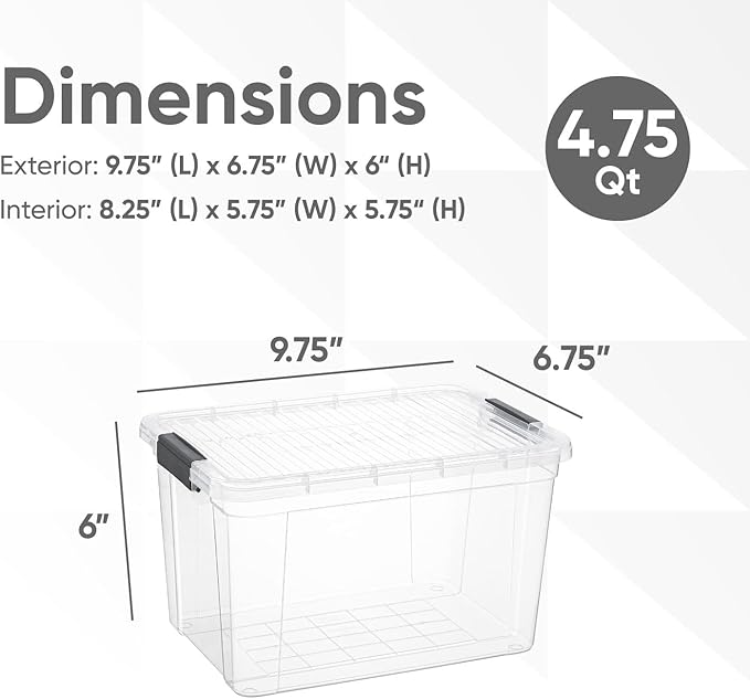 Superio Small Clear Storage Boxes with Lids, 4.75 Quart Plastic Container Bins for Organizing, Stackable Crates, BPA Free, Non Toxic, Odor Free, Organizers for Home, Office and Dorm, 5 Pack