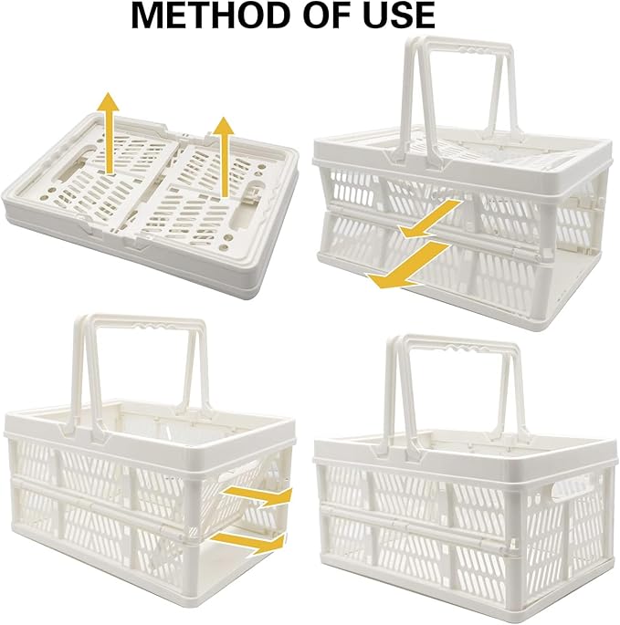 crates for storage,plastic baskets for organizing,collapsible shopping basket,foldable crate with Handles,collapsible storage crate,car basket,for Kitchen,Bathroom,Medicine (White, S)