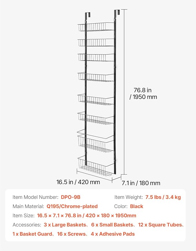 VEVOR Over the Door Pantry Organizer, 9-Tier Pantry Organization and Storage, Heavy-Duty Steel Hanging Spice Rack, Adjustable Wall Seasoning Shelves, for Home Kitchen Laundry Room Bathroom, Black