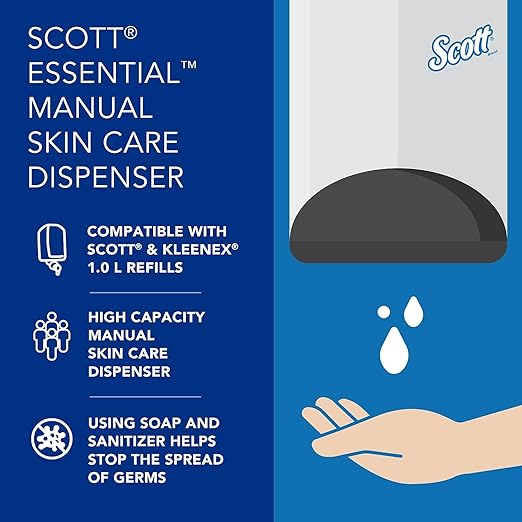 Scott Professional Essential High Capacity Manual Soap and Hand Sanitizer Dispenser (92145), 1.0 L Capacity, Black, Wall Mounted, Commercial Grade, 4.85" x 8.36" x 5.43" (Qty 1)