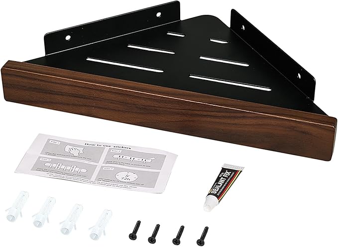 Bathroom Corner Shelf 1-Pack, Shower Shelves Corner with High Guardrail - No Drilling Shower Caddy, Solid Walnut Finish Aluminum Shelf