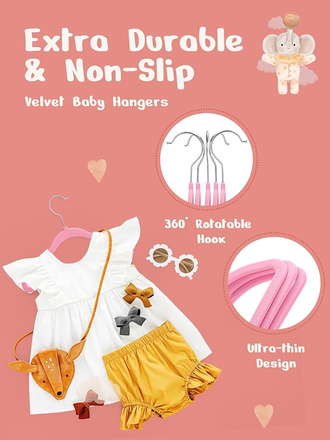 HOUSE DAY 11 Inch Velvet Baby Hangers 50 Pack Lt-Pink, Premium Kids Hangers for Children, Infant & Toddler Clothes, Durable Non Slip Small Baby Felt Hanger for Closet, Ideal for Everyday Use