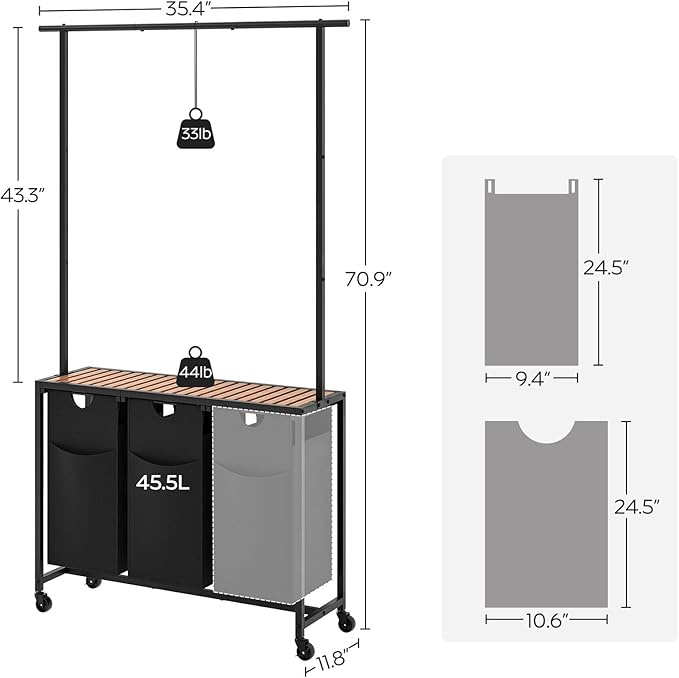 Laundry Sorter 3 Section, Rolling Laundry Hamper with Hanging Rack, Laundry Sorter with Wheels, Hampers for Laundry, Laundry Basket Organizer for Laundry Room, Rustic Brown LS37BR