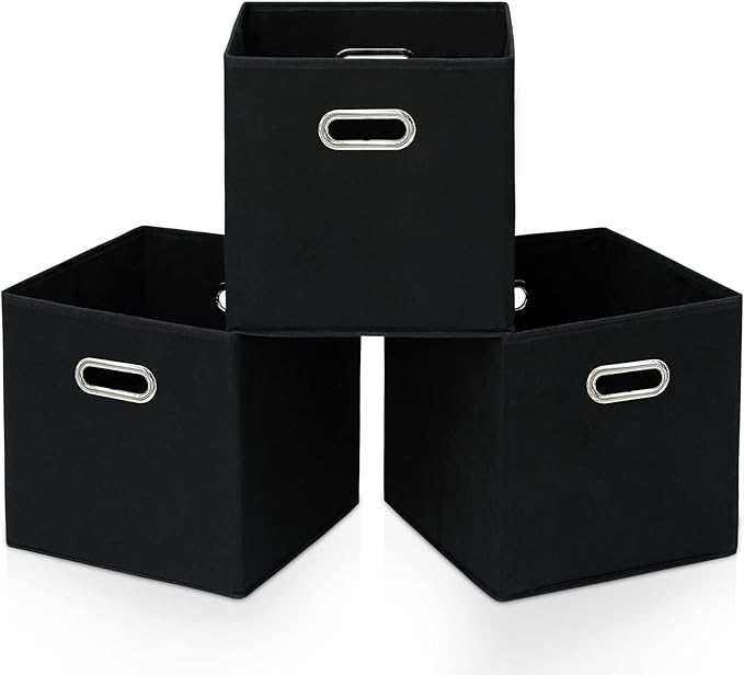 STOREONE Black Fabric Storage Bins Cubes Baskets Containers-(11X11X11) with Dual Handles Cube Storage Organizer Bins for Shelf Closet, Bedroom Organizers, Foldable Set of 3 (Black )