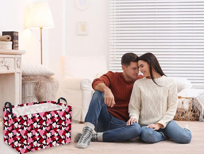 Sanjiaofeng Rectangular Valentine's Day Basket Love Storage Bins,Girls Storage Basket with Handles.Clothers,Books,Kid's Gifts Bins. (Black red heart)