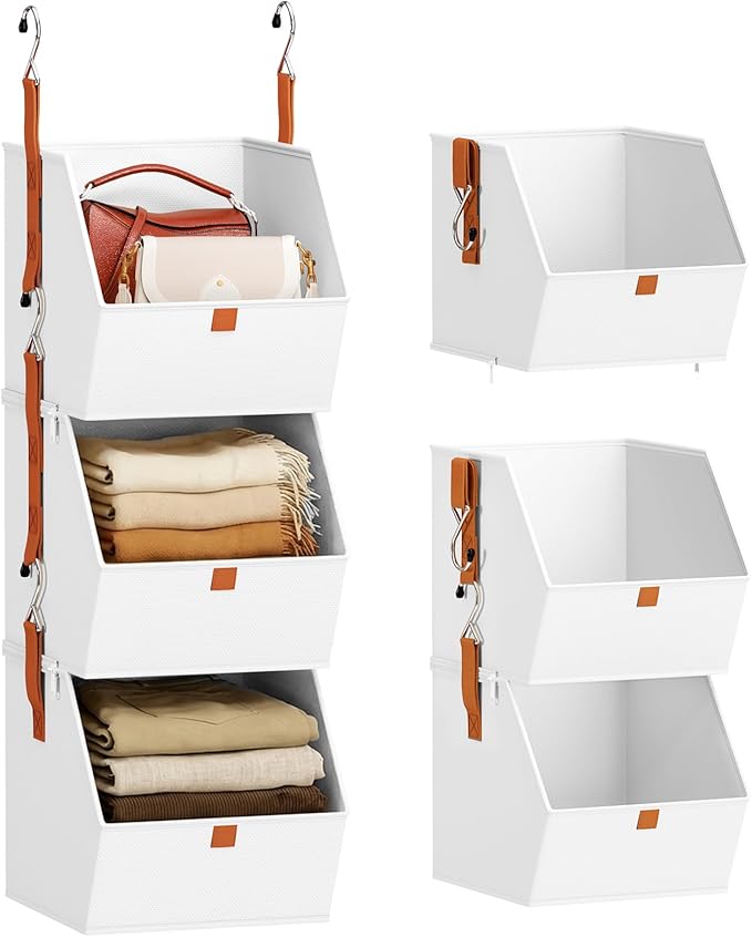 Collapsible Hanging Closet Organizer - 3 Tier Closet Shelves Storage System with Hooks, Fabric Hanging Storage Bins for Clothes, Foldable Storage Basket for Laundry, Bedroom, Rv, White