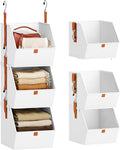Collapsible Hanging Closet Organizer - 3 Tier Closet Shelves Storage System with Hooks, Fabric Hanging Storage Bins for Clothes, Foldable Storage Basket for Laundry, Bedroom, Rv, White