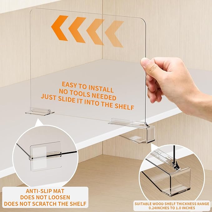 Yieach 4 Pack Towel,Sweater,Purse Organizer and Acrylic Shelf Dividers for Closet Organization - Adjustable Height - Vertical Shelf Separators for T Shirt,Clear Closet Shelf Divider for Wood Shelves