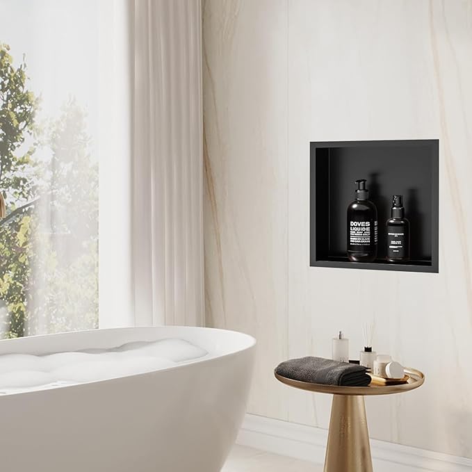 BATHFINESSE Shower Niche 12 x 12, Matte Black Stainless Steel Shower Niche Shelf Recessed for Bathroom Storage No Tile Needed Over Mount Installation