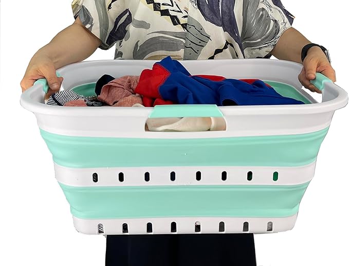 SAMMART 42L (11 gallon) Collapsible Plastic Laundry Basket - Foldable Pop Up Storage Container/Organizer - Space Saving Hamper/Basket (1, White/Light Green)