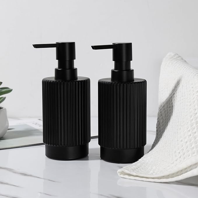 Hand and Dish Soap Dispenser Set for Kitchen, 2 Pack 11 fl oz Matte Black Ribbed Glass Soap and Lotion Dispensers Sets with Pump for Bathroom, Modern Refillable Liquid Soap Pump Bottle