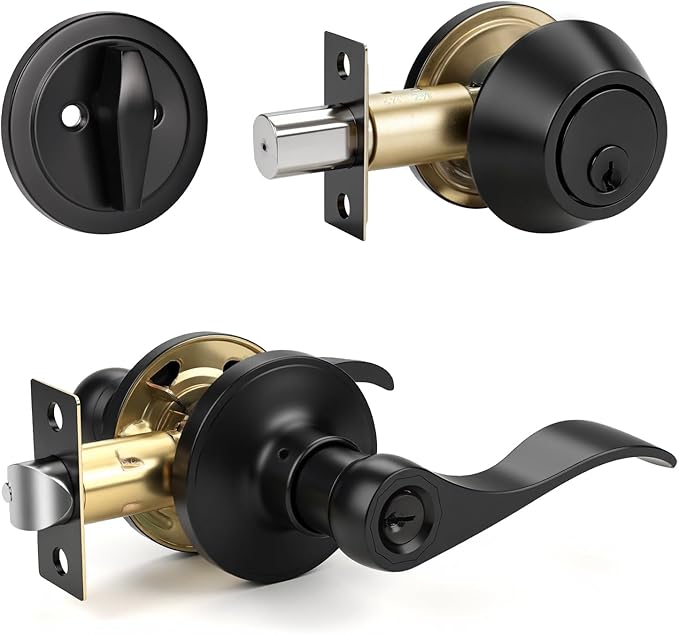 Knobonly 1 Set of Front Exterior Door Knob Set with Single Cylinder Deadbolts in Matte Blac Finish, All Keyed Same Combo Pack, Wave Style Entry Door Lever Locks with Combinations