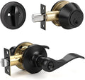 Knobonly 1 Set of Front Exterior Door Knob Set with Single Cylinder Deadbolts in Matte Blac Finish, All Keyed Same Combo Pack, Wave Style Entry Door Lever Locks with Combinations