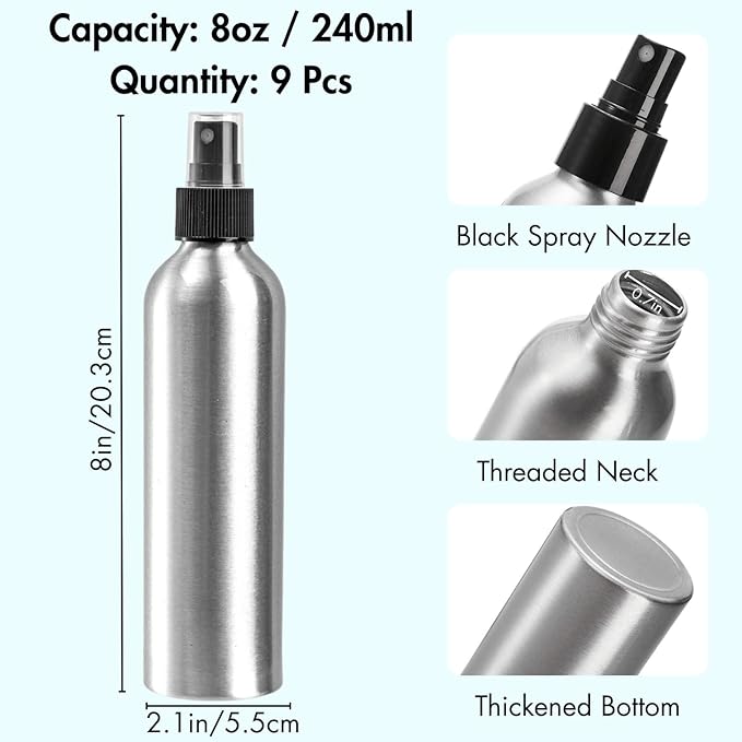 Youeon 9 Pack 8 Oz Aluminum Fine Mist Spray Bottles, Refillable & Leak-Proof Metal Empty Spray Bottle Set for Travel, Perfume, Toner, Essential Oils & Hair-Body Care