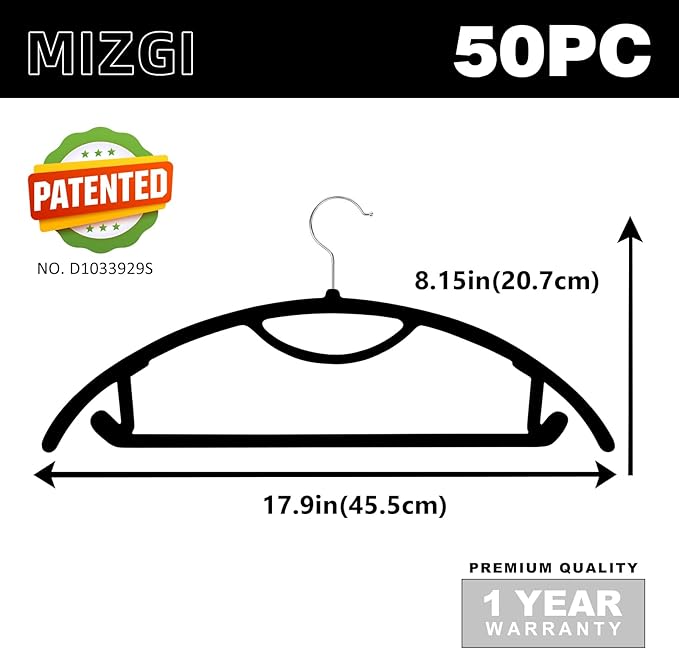 MIZGI Premium Velvet Hangers 50-Pack,No Shoulder Bump Hangers W/Tie Bar Ultra Thin Space Saving Non Slip Hanger Heavy Duty Felt Rounded Clothes Hanger for Sweaters,Coat,Jackets,Pants,Shirts