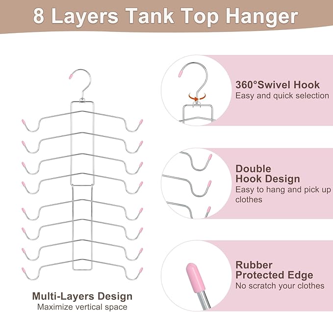 TOPIA HANGER 4 Pack Gym Clothes Organizer, 2 Pack Tank Top Hangers with 2 Pack Leggings Hangers Space Saving Hang 20 Sets Tank Top Bra with Leggings Shorts Pants for Closet Women Pink CT78P