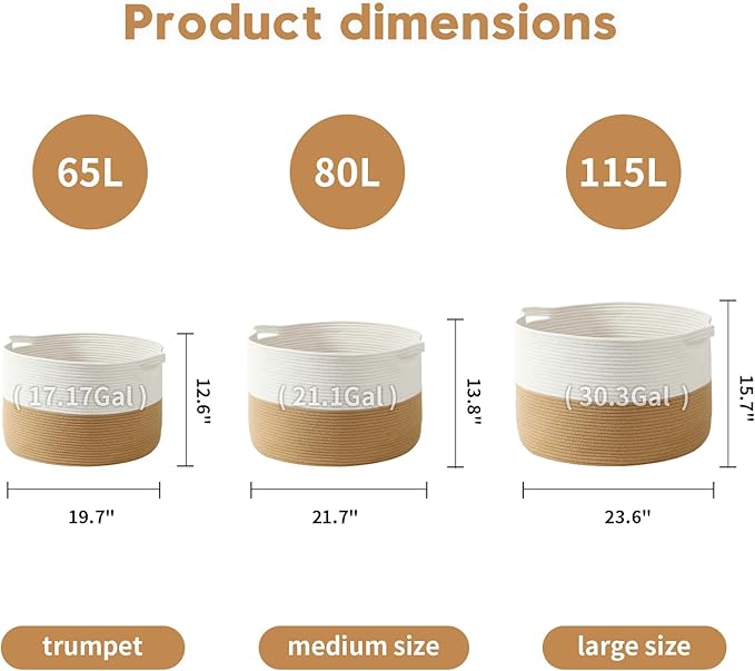 Foldable Laundry Hamper Basket with Collapsible Handle Cotton Rope Soft Woven Fabric Storage Organizer Clothes Toys Nursery Bedroom Dorm Space Saving Bin (White & Camel, 65L(19.7"D x 12.6"H))