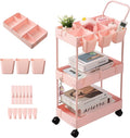 danpinera Slim Storage Cart, 3 Tier Narrow Rolling Cart on Wheels Bathroom Organizer with Dividers Handle Hanging Cups Hooks for Laundry Room Kitchen Small Spaces, Pink