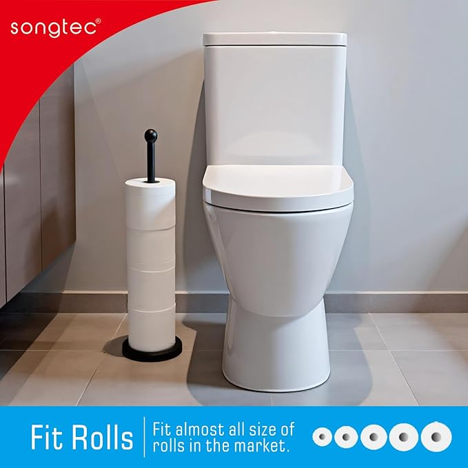 Songtec Toilet Paper Holder Stand, Black Floor Standing Tisse Roll Holder with Reserve for 4 Rolls, Compact Design Bathroom Toilet Paper Storage - Black