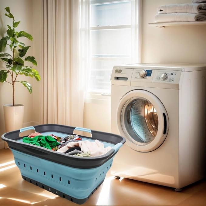 SAMMART 42L (11 gallon) Collapsible Plastic Laundry Basket - Foldable Pop Up Storage Container/Organizer - Portable Basket - Space Saving Hamper/Basket (2, Grey/Sea Angel)