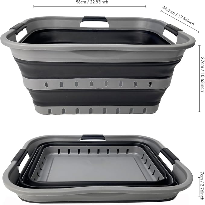 SAMMART 42 (11 Gallons) Collapsible Plastic Laundry Basket, Foldable Pop Up Storage Container/Organizer, Space Saving Hamper, Portable Bin for Dorm Room Bathroom (1, Grey/Black)