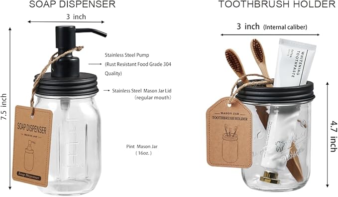 SheeChung Mason Jar Bathroom Accessories Set, 2Pcs Glass Bathroom Accessory Set, Soap Dispenser, Toothbrush Holder, Bathroom Decor, Rustic Farmhouse Decor - Black