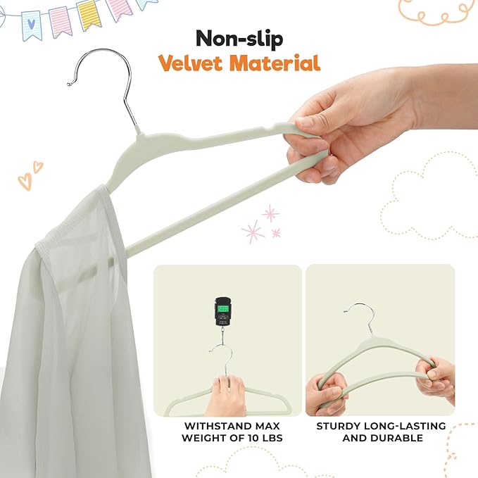 Velvet Baby Hangers with Clips (30 Pack) | 11” Ultra-Slim Baby Clothes Hangers | Non-Slip Felt | Space-Saving Nursery & Infant Closet Organizer | Beige