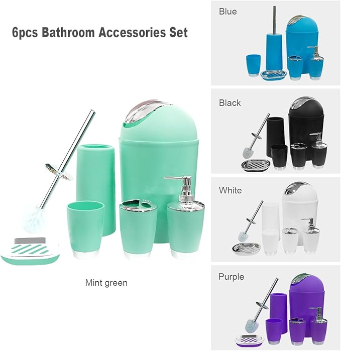 Bathroom Accessories Set, 6-Piece Plastic Gift Set, Toothbrush Holder, Toothbrush Cup, Soap Dispenser, Soap Dish, Toilet Brush Holder, Trash Can (Mint Green)