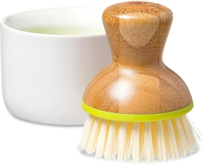 Full Circle Bubble Up Bamboo Dish Brush & Ceramic Soap Dispenser – Family Safe, Formaldehyde-Free – Kitchen Scrub Brush for Dishes, Nonstick & Cast Iron, White