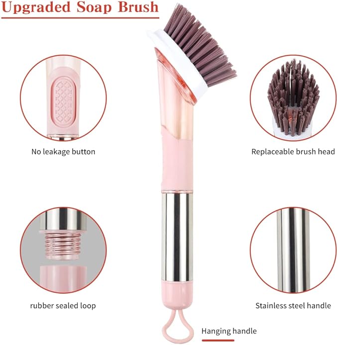 Dish Cleaning Brush, Soap Dispensing Dish Brush Set with 4 Replacement Heads and Storage Holder, Kitchen Scrub Brush for Dish Pot Pan Sink Cleaning (Pink)