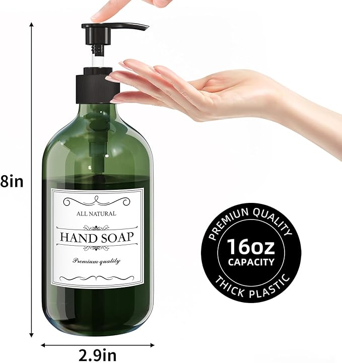 Green Soap Dispenser, Dish & Hand Soap Dispenser Set for Bathroom & Kitchen, Refillable Pump Bottle Dispenser, Plastic Empty Soap and Lotion Dispenser for Liquid, 2 Pcs