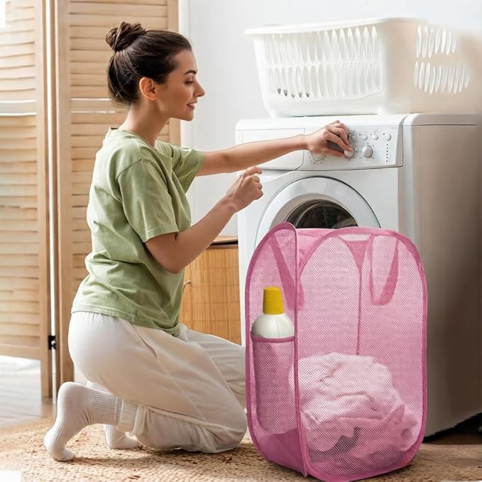 The upgraded pop-up laundry basket features a breathable side pocket mesh design, making it ideal for rooms, apartments, dormitories, travel, business trips, and children's storage (1,pink)