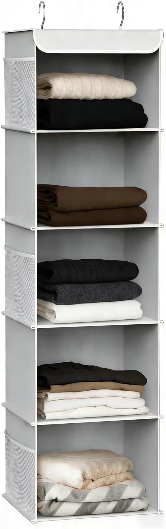 5-Shelf Hanging Closet Organizer and Storage, Closet Hanging Storage Shelves for Clothes, Towels, with Side Pockets and 2 Sturdy Hooks for Storage, Foldable (Grey)