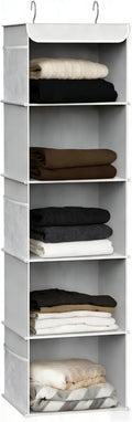 5-Shelf Hanging Closet Organizer and Storage, Closet Hanging Storage Shelves for Clothes, Towels, with Side Pockets and 2 Sturdy Hooks for Storage, Foldable (Grey)