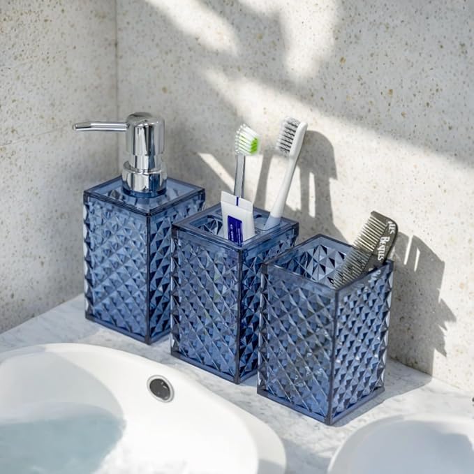 Blue Bathroom Accessories Set, 4 PCS Dark Navy Blue Bathroom Accessories Sets Complete, Diamond Pattern Bathroom Soap Dispenser and Toothbrush Holder Set, Boho Bathroom Décor and Accessories