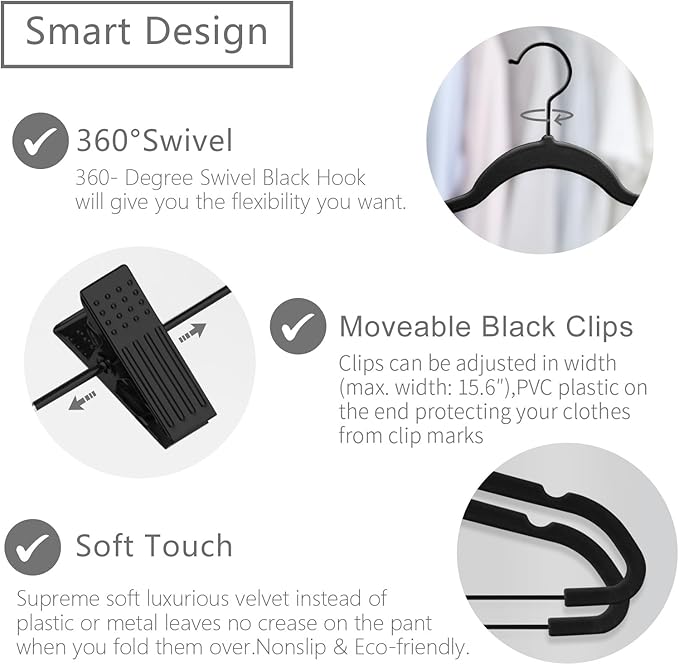 MIZGI Premium All Black Velvet Pants Hangers with Adjustable Clips (Pack of 20) Slim Skirt Hangers- Non Slip Felt Outfit Dress Hangers- Black Hooks,Space Saving Shirt Clothes Hangers