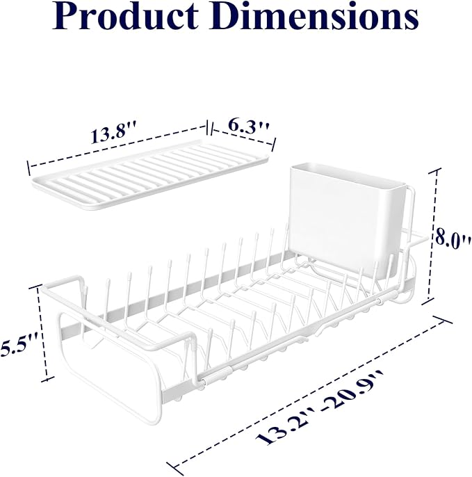 Kitsure Dish Drying Rack - Expandable Dish Rack for Kitchen Counter, Over Sink Or in Sink, Space-Saving Plates Dryer with Cutlery Holder & Drip Tray, 14.0"-20.9" L x 6.3" W x 8.0" H, White
