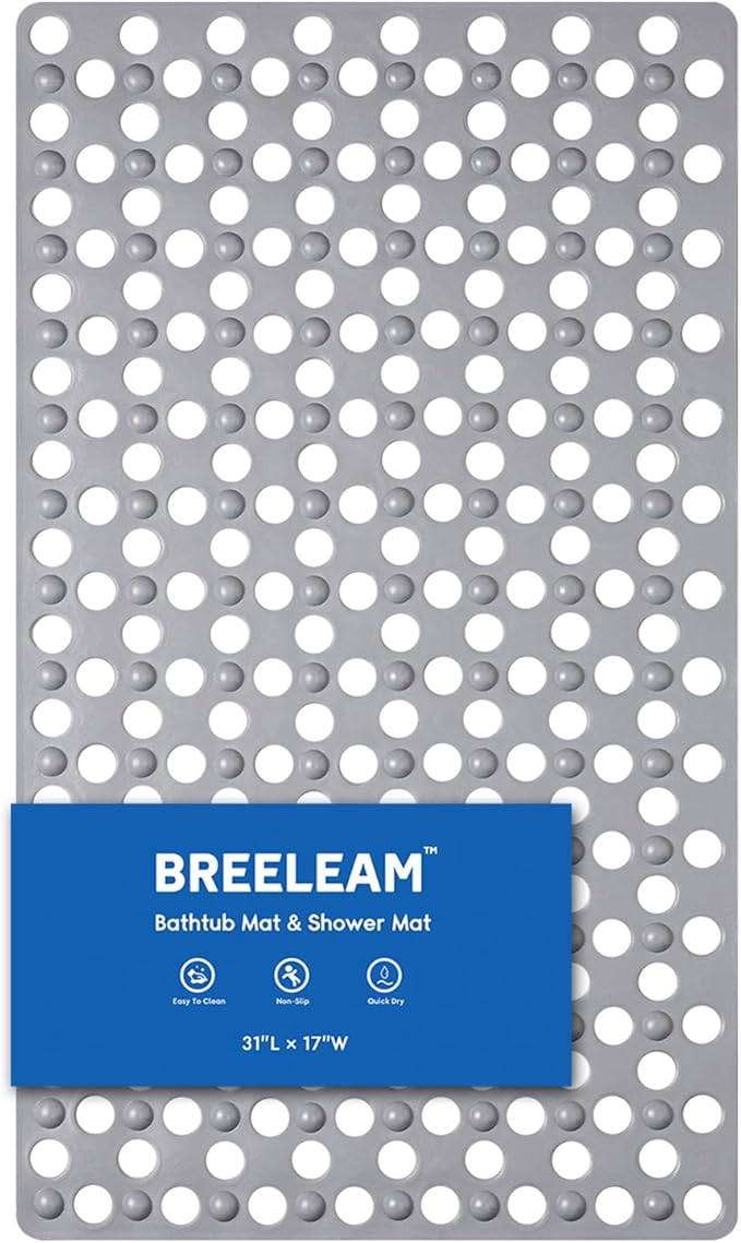 BREELEAM Non Slip Bathtub Mat and Shower Mat 31x17 inch,Bath Mat with Quick Dry Drain Holes and Suction Cups, Soft Comfortable Safe Bathroom Mat for Bath Tub, Floor, Tile (Grey)