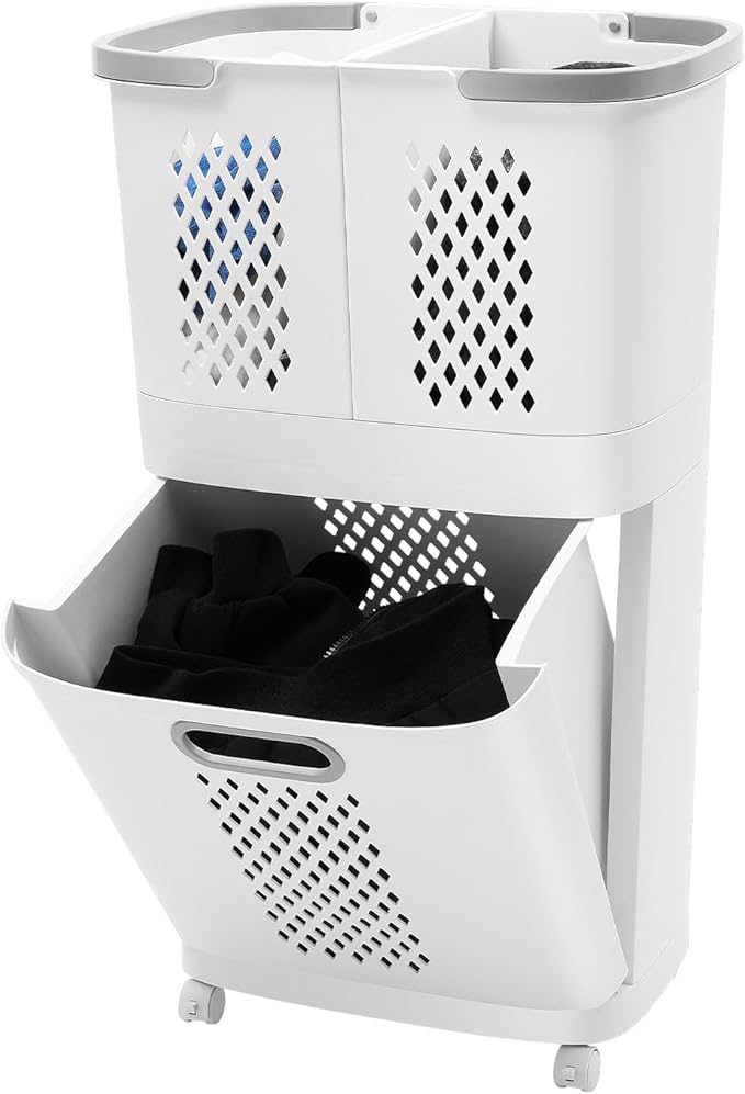 Laundry Basket, 2-Tier 3 Basket Shelf Movable Household Bathroom Rolling Cart Organizer Clothes Storage With 4 Wheels White For Kitchens, Bathrooms, Bedrooms, Dormitories, Classrooms, Laundry Rooms