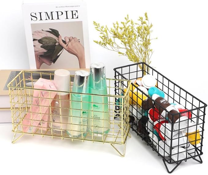 Metal Wire Storage Basket,Fruit Basket,Bathroom Shelf Rack,Iron Countertop Storage Rack Suitable for kitchen, bathroom, bedroom, living room (Gold)
