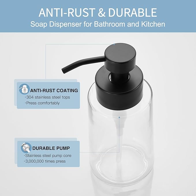 Doiliese Soap Dispenser, Clear Glass Soap Dispenser with Rust Proof Pump, 16oz Liquid Soap Pump with Waterproof Labels, Dish & Hand Soap for Bathroom, Kitchen, Matte Black, Pack of 2