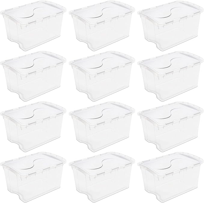 Sterilite 48 Qt Hinged Lid Storage Box, Stackable Bin with Lid, Plastic Container to Organize Home, Office, Basement, Clear with White Lid, 24-Pack