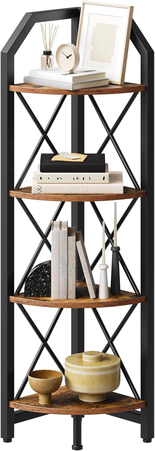 4-Tier Rustic Brown and Black Corner Shelf, 4-Shelf Industrial Corner Bookshelf, Space-Saving Corner Storage Stand, Plant Stand Display Shelf, Bedroom, Living Room, Home Office