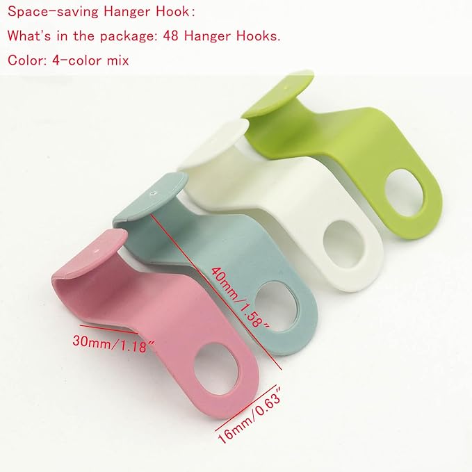 48 PCS Multi-Color Plastic Space-Saving Hanger Hook for Clothes, Accessories(4 Colors Mixed)