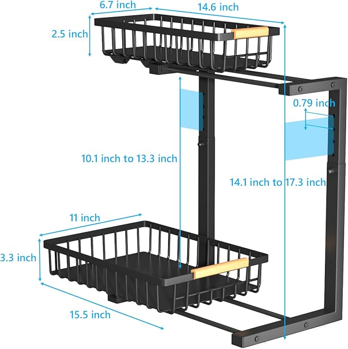 Under Sink Organizers, 5 Adjustable Height,Metal Pull Out Under Sink Organizers and Storage Shelves with Sliding Drawer, Black 1pack（Hight 13.6″-16.9″）
