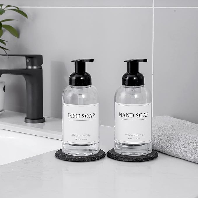 rejomiik Foaming Soap Dispenser Thick Glass Foam for Bathroom or Kitchen Sink, 12.7 oz Clear Pump Bottles for Hand soap, Body Wash, Black 2 Pack