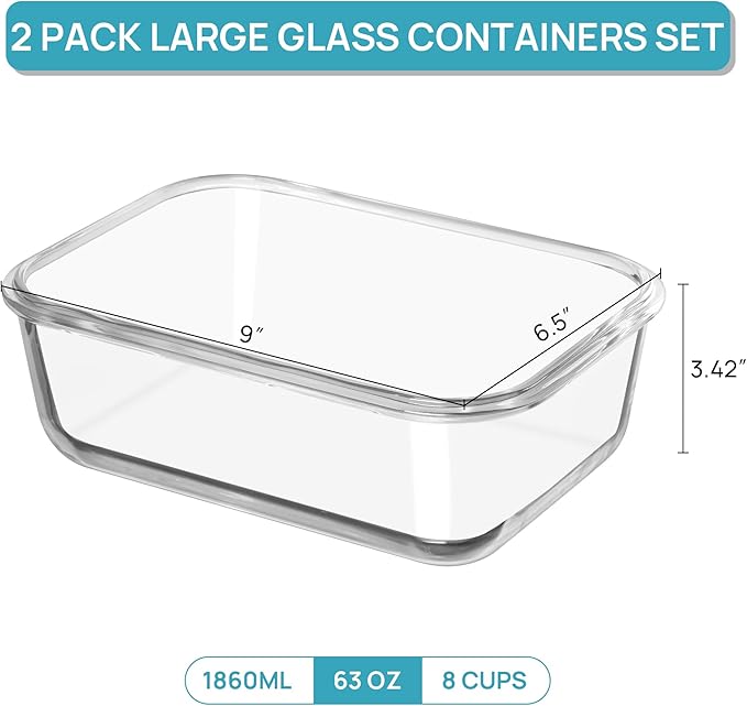 Vtopmart 2Pack 1860ml/63oz Large Glass Containers Food Storage with Lids, Meal Prep Food Container Set with Snap Airtight Lid for Baking, Microwave, Oven, Leak Proof, for Freezer, Dishwasher, Green
